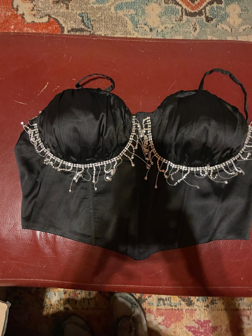 Black Embellished Satin Bustier Top, Size L